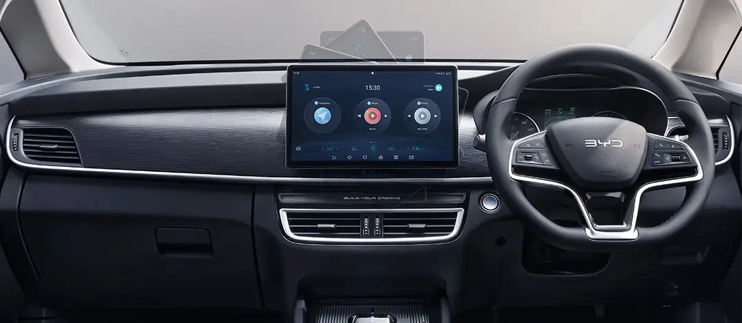 Modern BYD M6 dashboard featuring infotainment system, premium dashboard materials and ergonomic layout